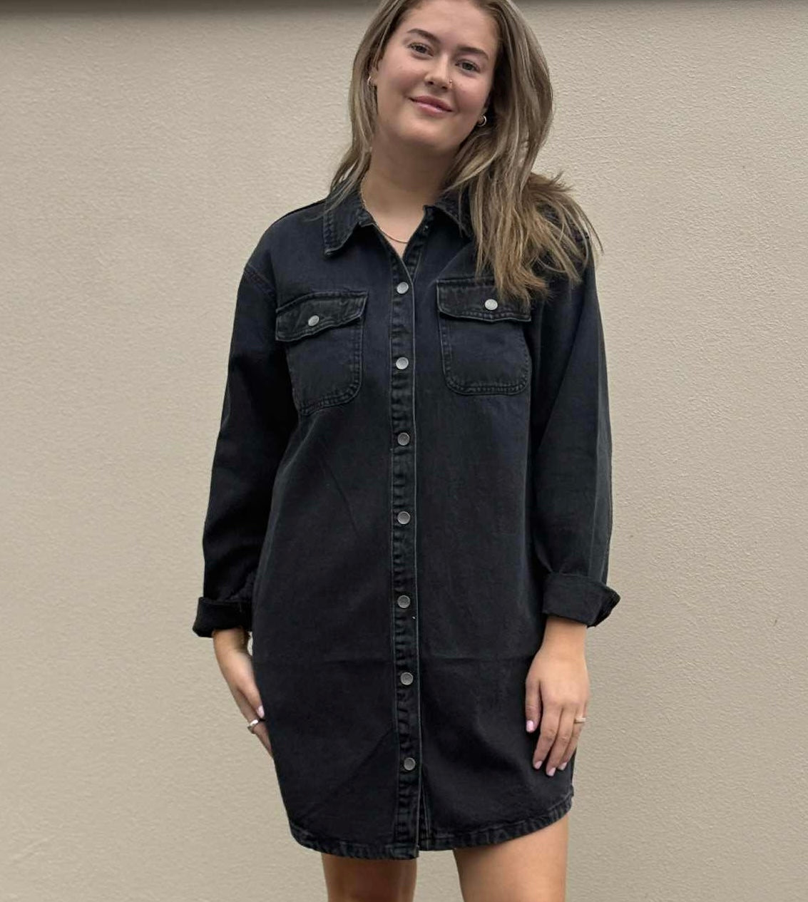 Alva LS Denim Dress, Black Denim
