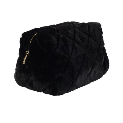Faux Fur Quilted Make-Up Pouch Large, Black