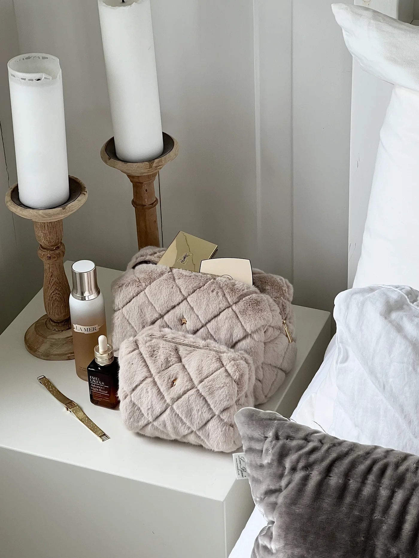 Faux Fur Quilted Make-Up Pouch Small, Sand