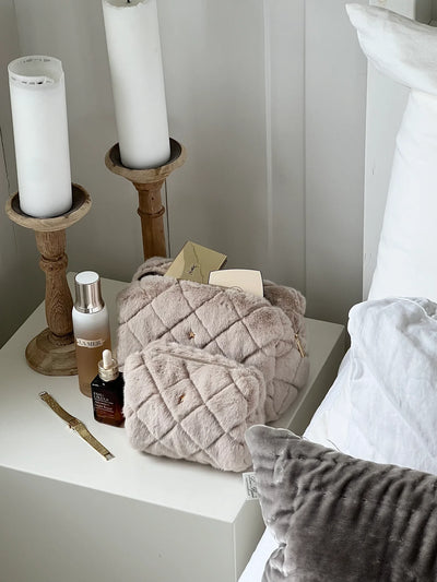 Faux Fur Quilted Make-Up Pouch Small, Sand