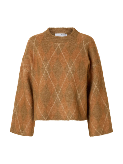 Lulu Brushed LS Agryle Knit o-neck, Golden Brown/Birch