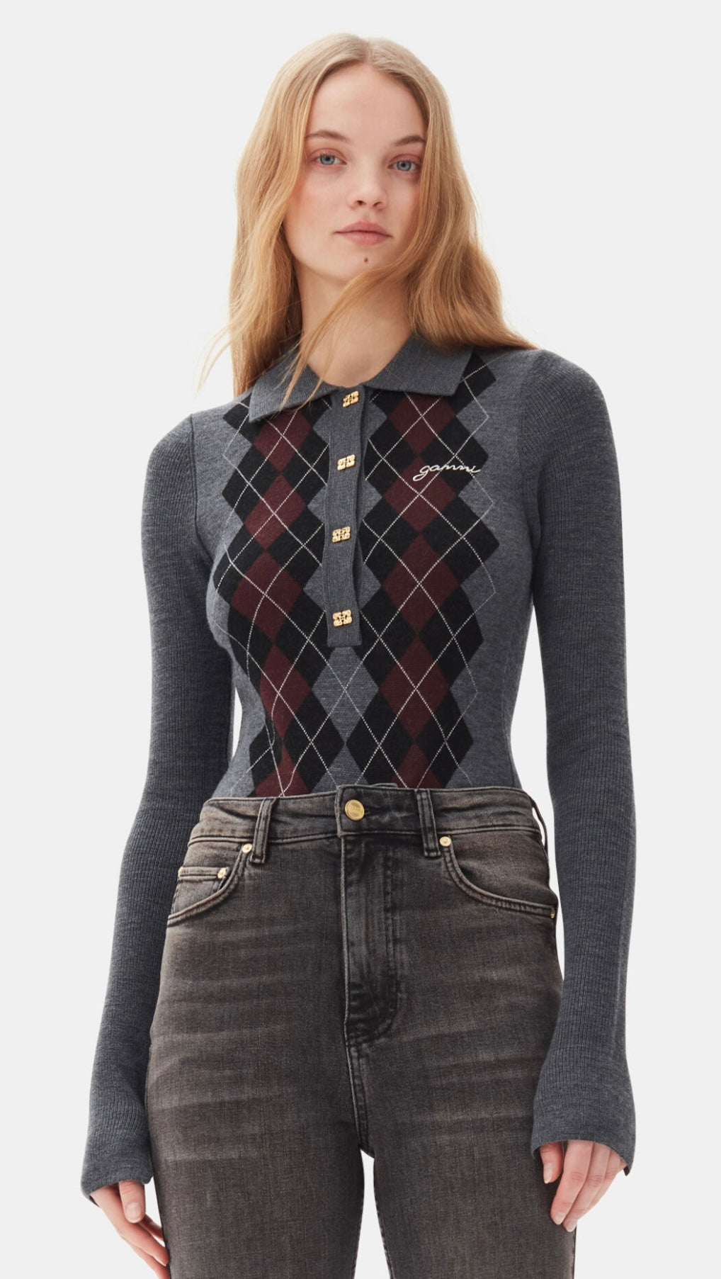 Fine Merino Jacquard Polo, Frost Grey