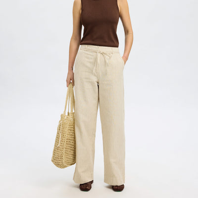Johanne HW Striped Belted Long Pants, Birch/Chestnut