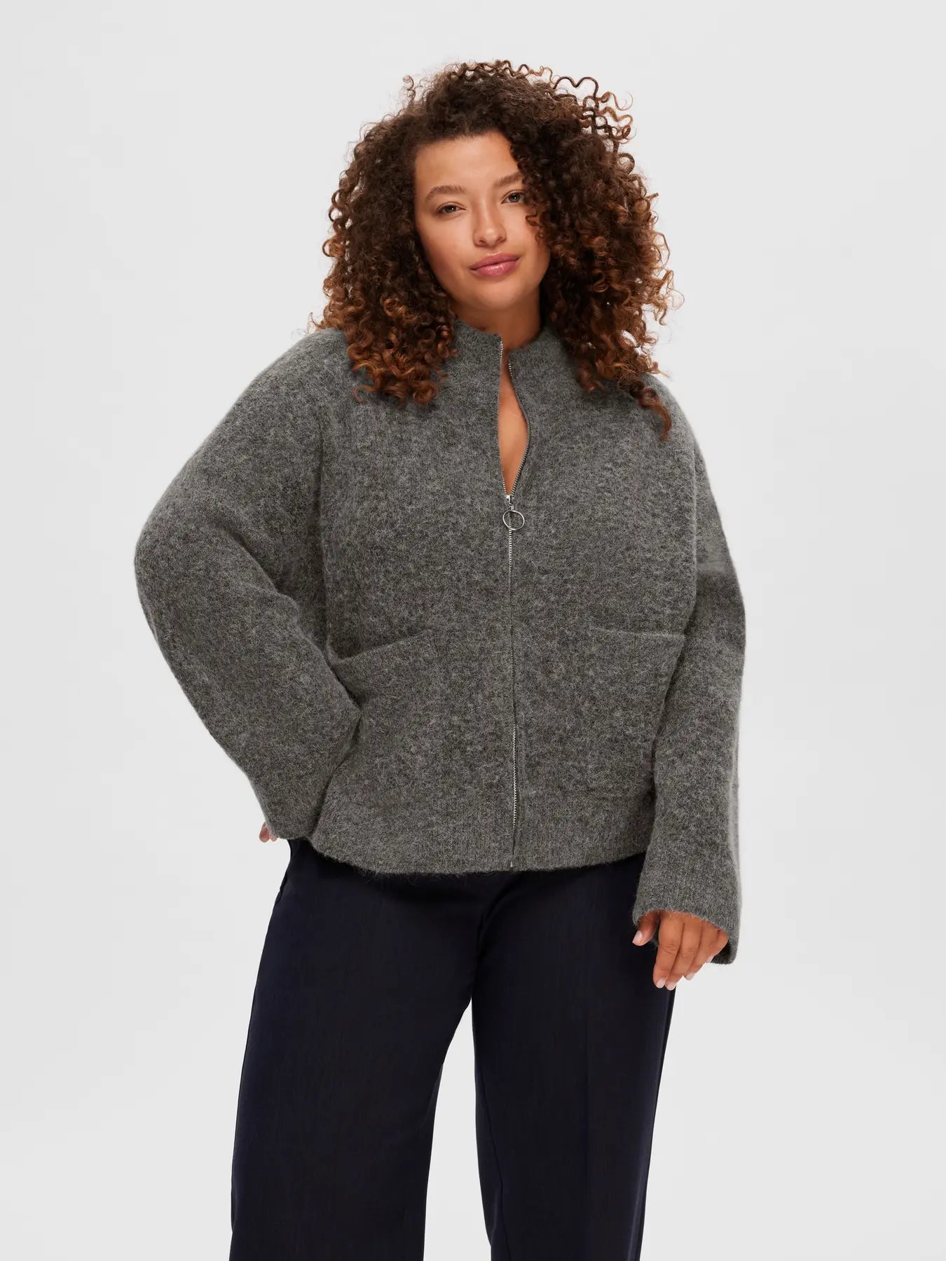 Sia Ras LS Knit Zipper Cardigan, Medium Gray