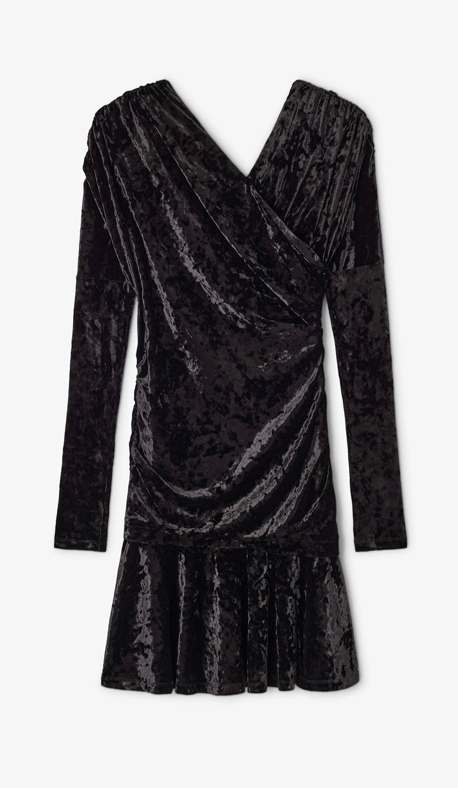 Velour Jersey Crossover Ruched Mini Dress, Black