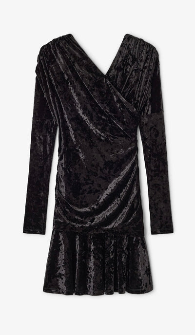 Velour Jersey Crossover Ruched Mini Dress, Black