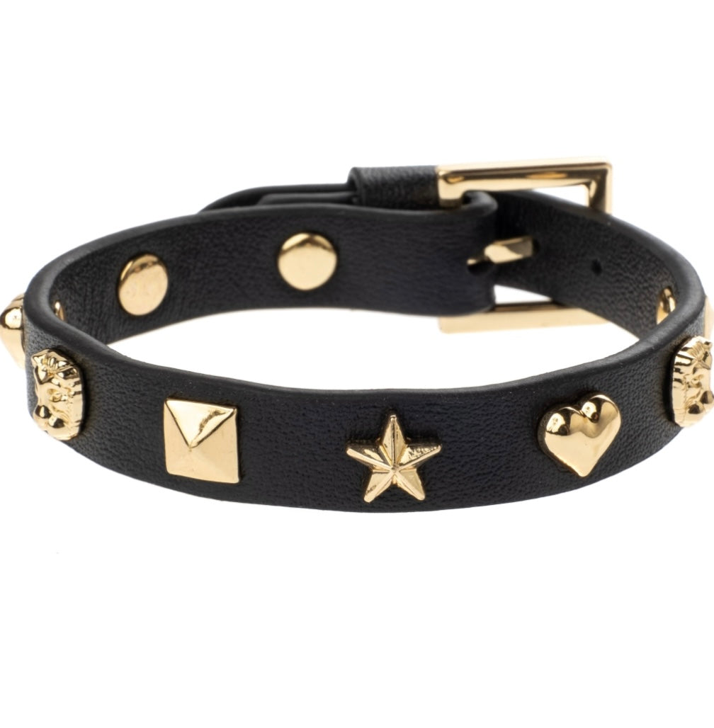 Leather Sign Stud Bracelet, Blqck