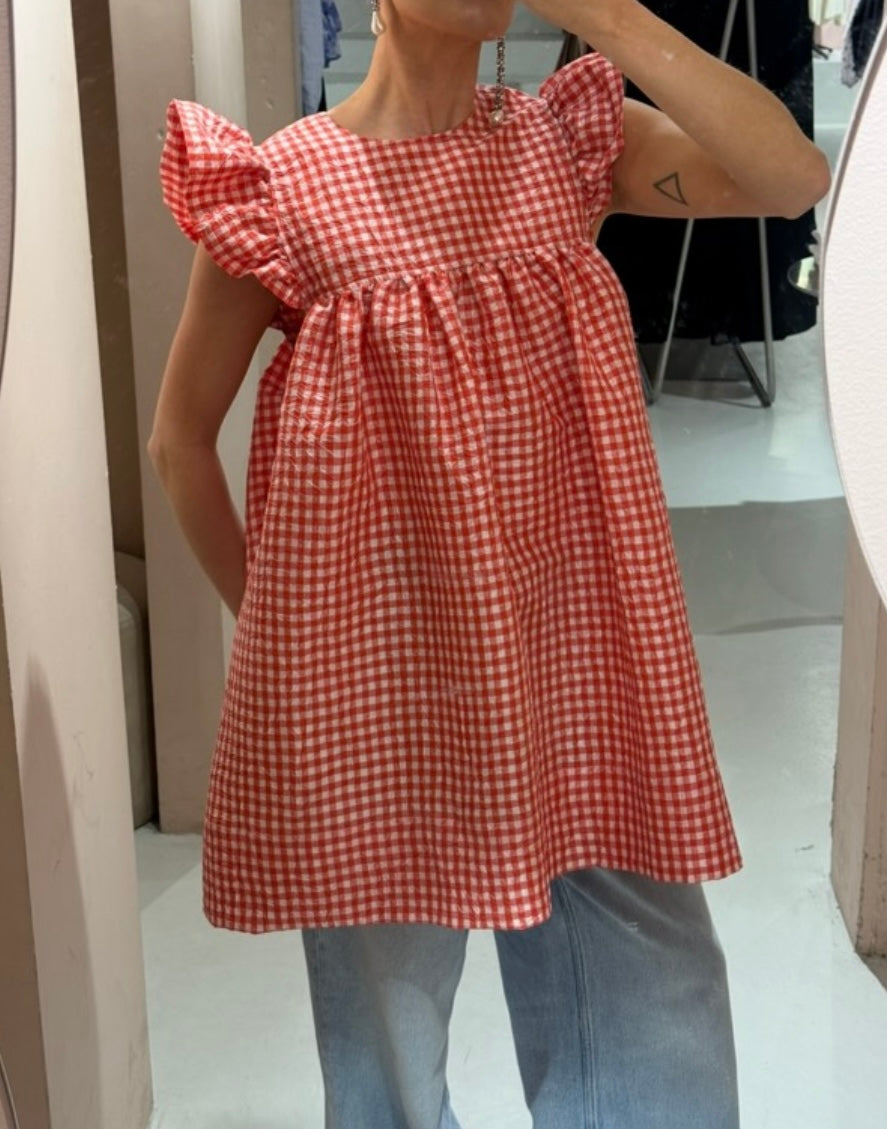 Crinkled Taffeta Check Frill Mini Dress, Red Alert