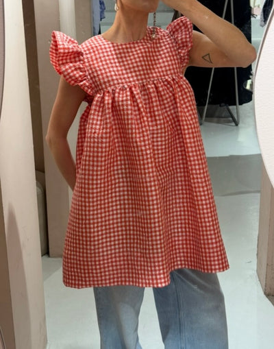 Crinkled Taffeta Check Frill Mini Dress, Red Alert