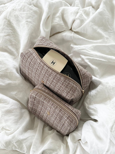 Tweed Make-Up Pouch Large, Warm Taupe