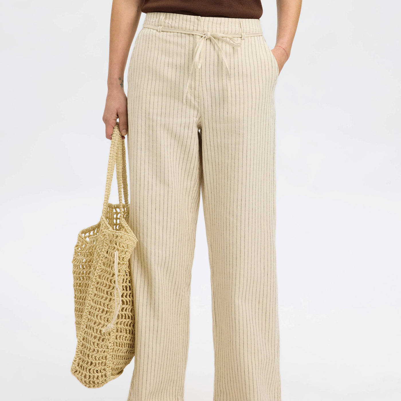 Johanne HW Striped Belted Long Pants, Birch/Chestnut