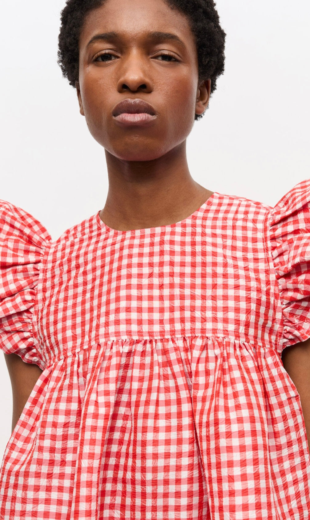 Crinkled Taffeta Check Frill Mini Dress, Red Alert