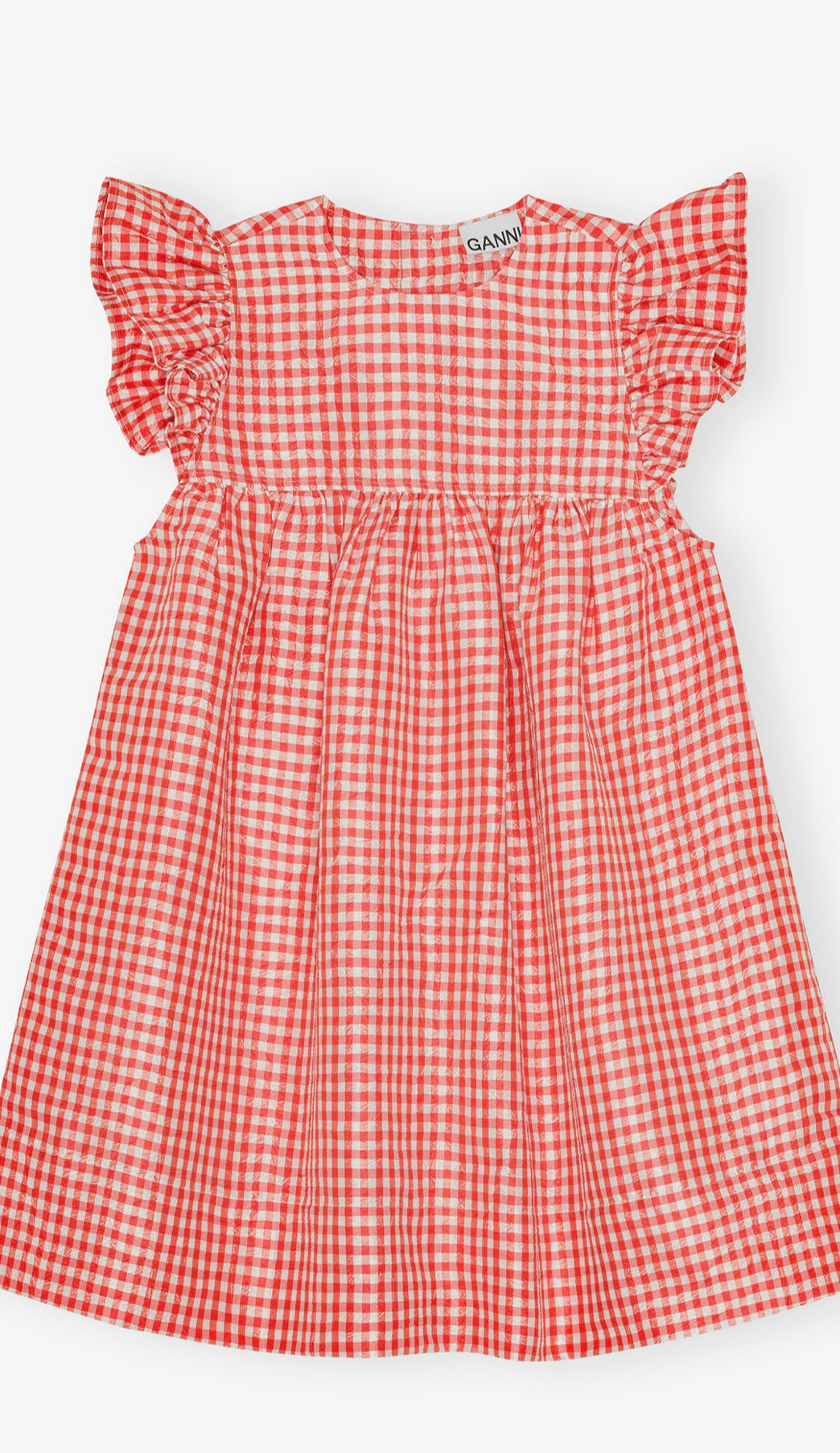 Crinkled Taffeta Check Frill Mini Dress, Red Alert