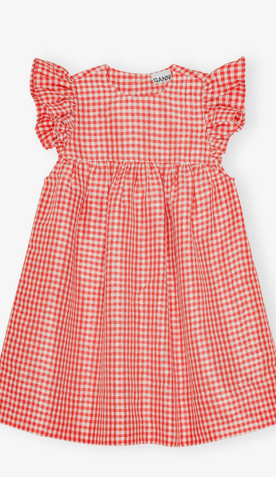 Crinkled Taffeta Check Frill Mini Dress, Red Alert