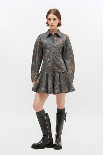 Printed Strech Cotton Buttoned Mini Dress, Phantom