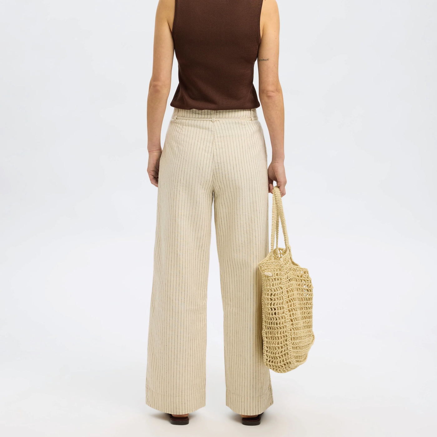 Johanne HW Striped Belted Long Pants, Birch/Chestnut