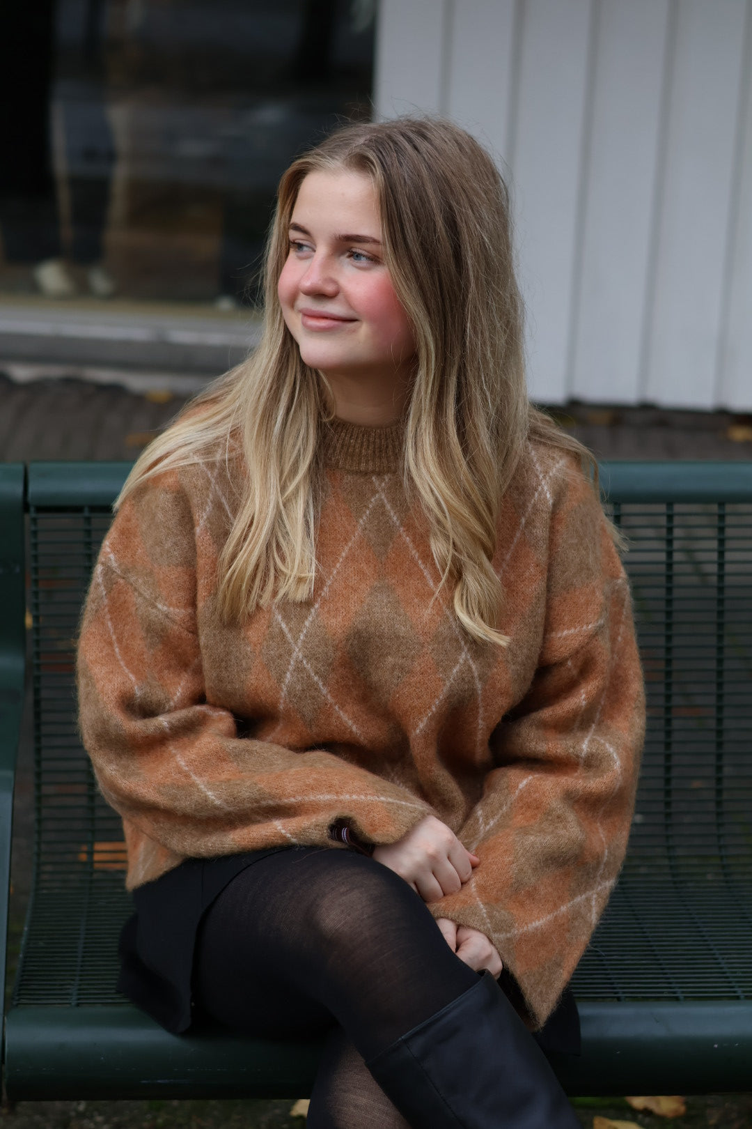 Lulu Brushed LS Agryle Knit o-neck, Golden Brown/Birch