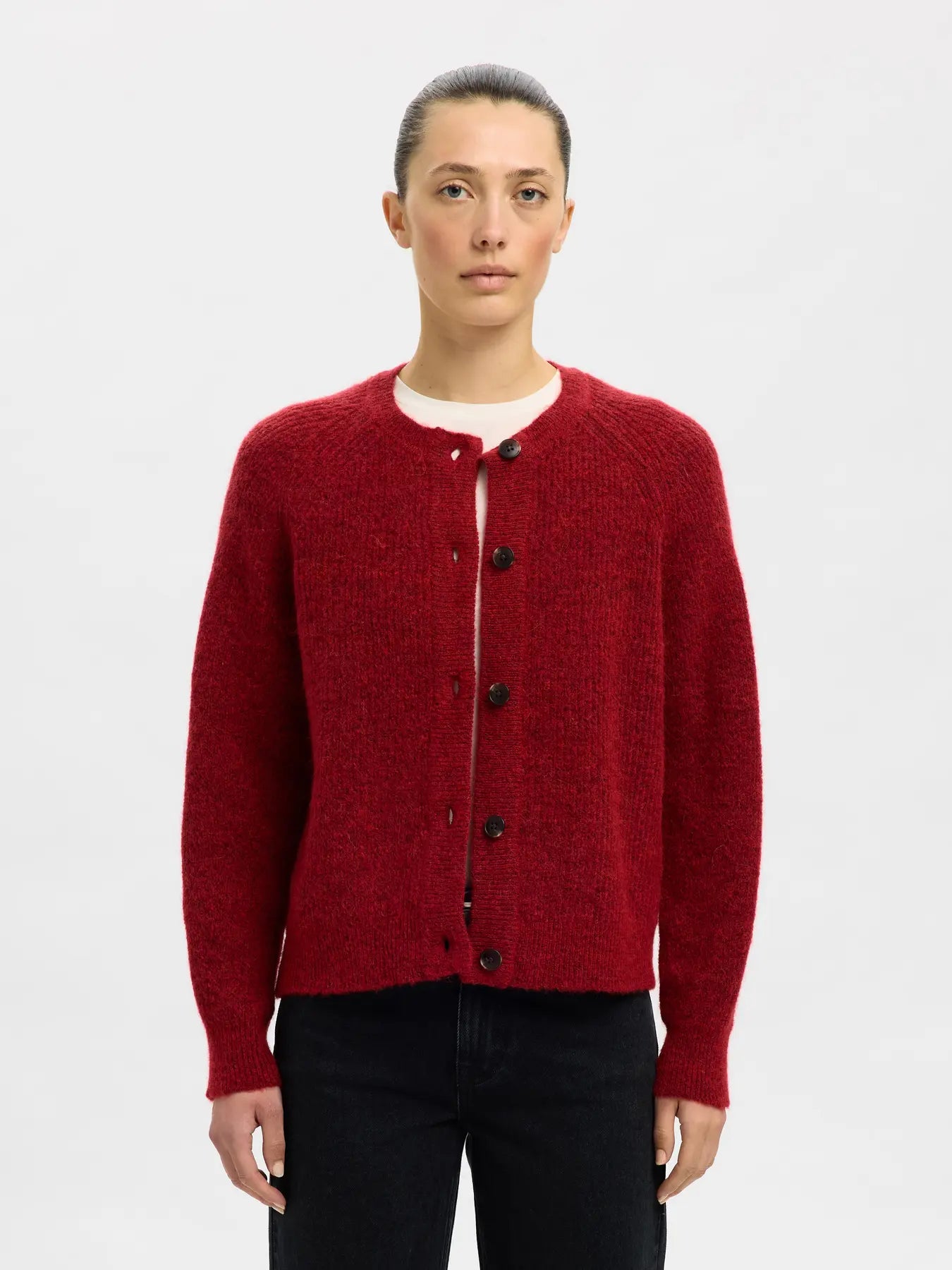 Lulu LS Knit Short Cardigan, Equestrian Red
