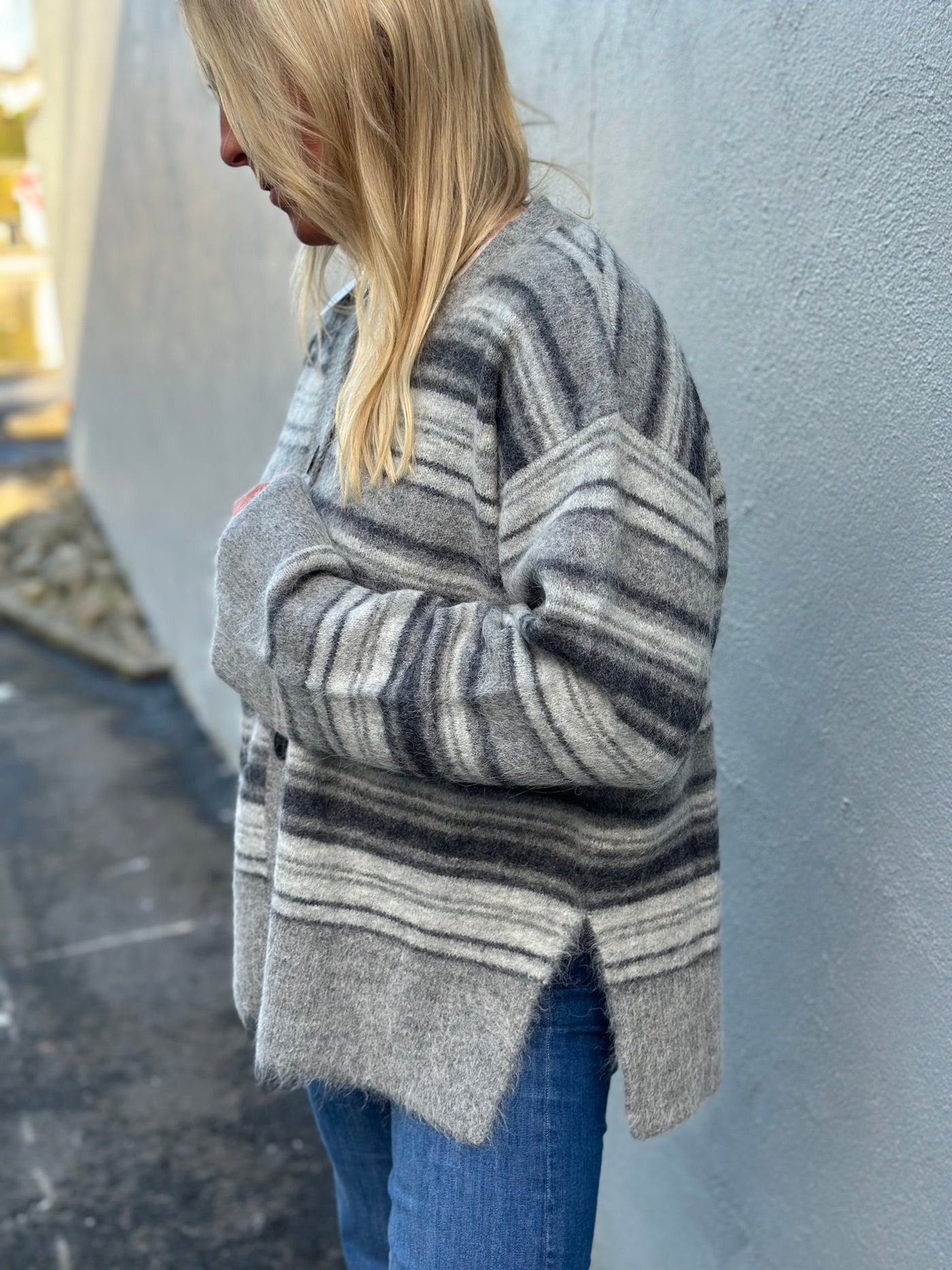 Fluffy Stripe Cardigan , Grey Stripe
