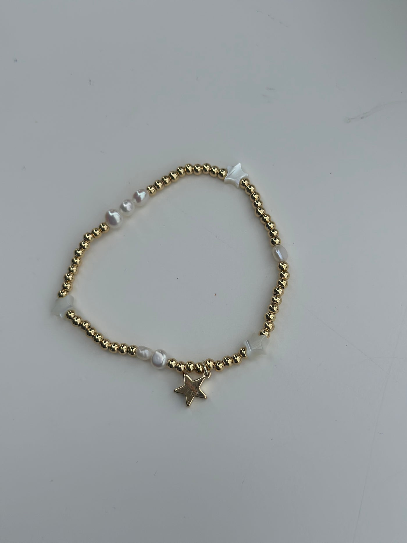 Metal Bead Bracelet w/Stone Beads & Pearls, White Pearls