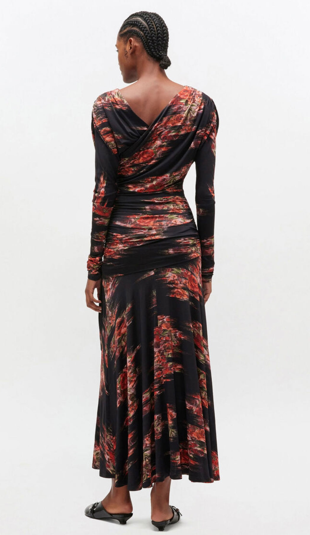 Printed Shiny Jersey Ruched Long Dress, Black