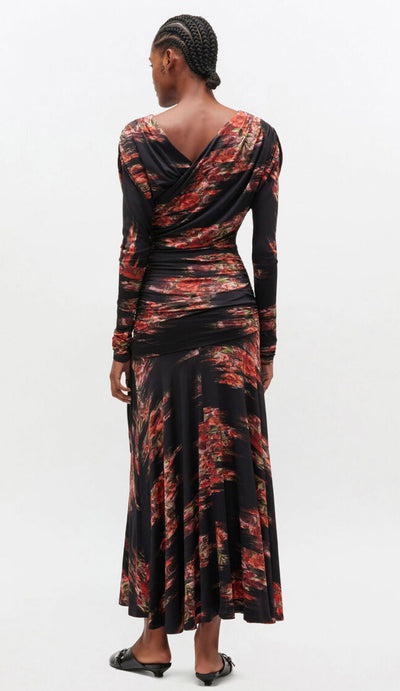 Printed Shiny Jersey Ruched Long Dress, Black