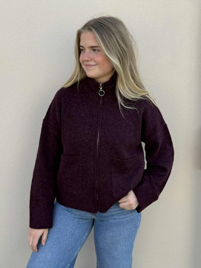 Sia Ras LS Knit Zipper Cardigan, , Fig/Melange