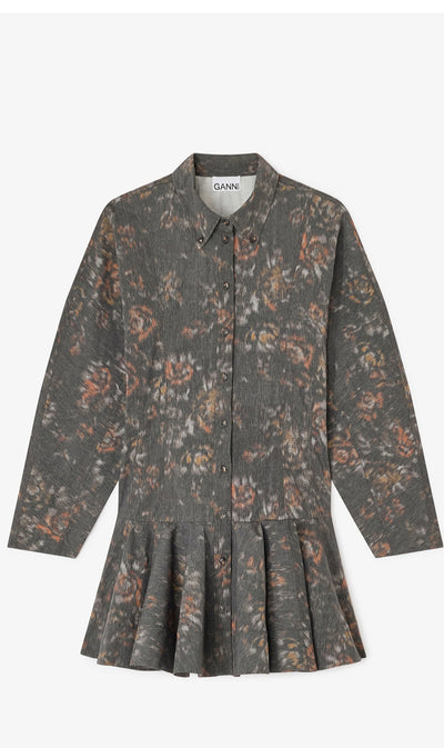 Printed Strech Cotton Buttoned Mini Dress, Phantom