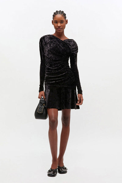 Velour Jersey Crossover Ruched Mini Dress, Black