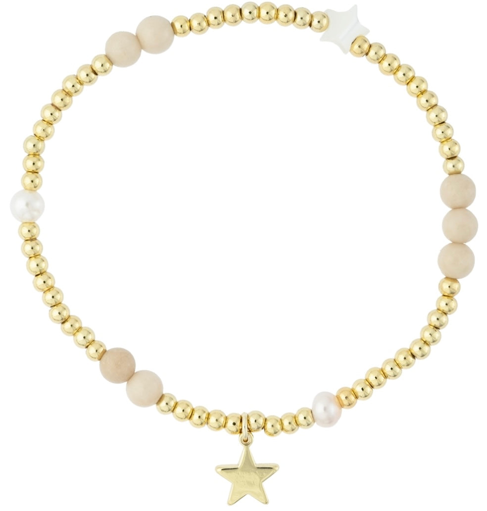 Metal Bead Bracelet w/Stone Beads & Pearls, Sand