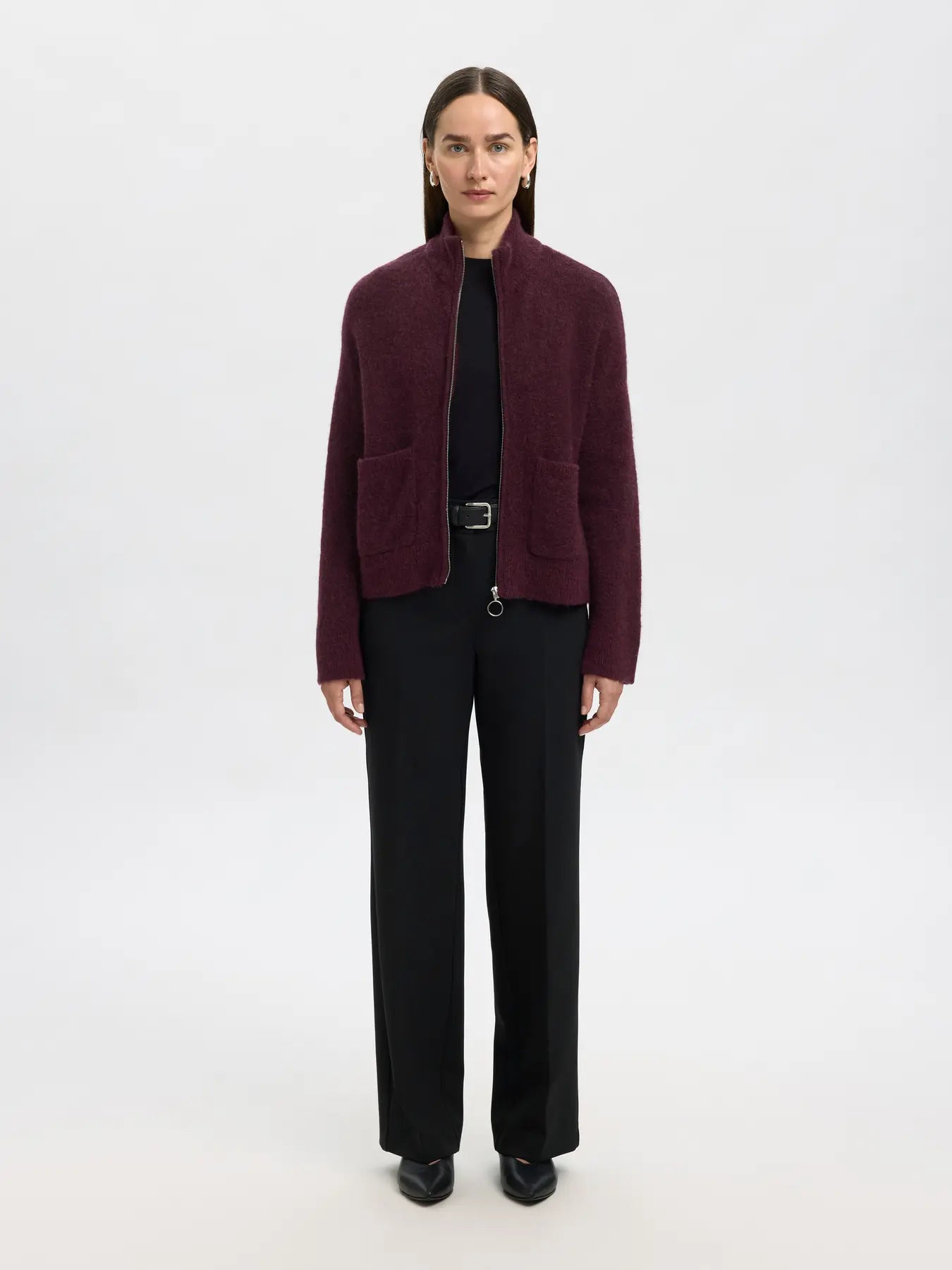Sia Ras LS Knit Zipper Cardigan, , Fig/Melange