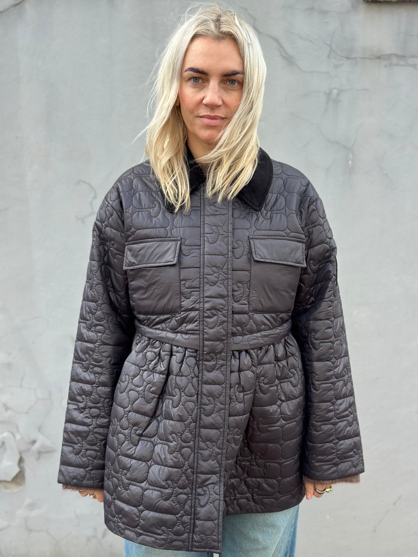 Shiny Quilt Midi Jacket W. Flare, Phantom