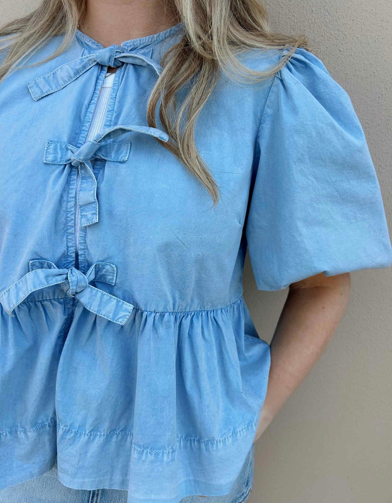 Washed Strech Cotton Peplum Blouse, Soft Chambray