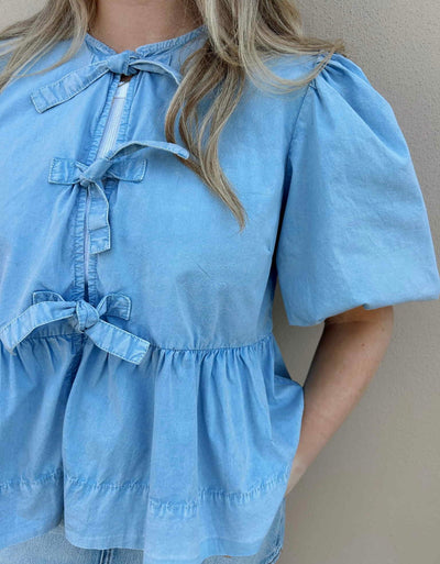 Washed Strech Cotton Peplum Blouse, Soft Chambray