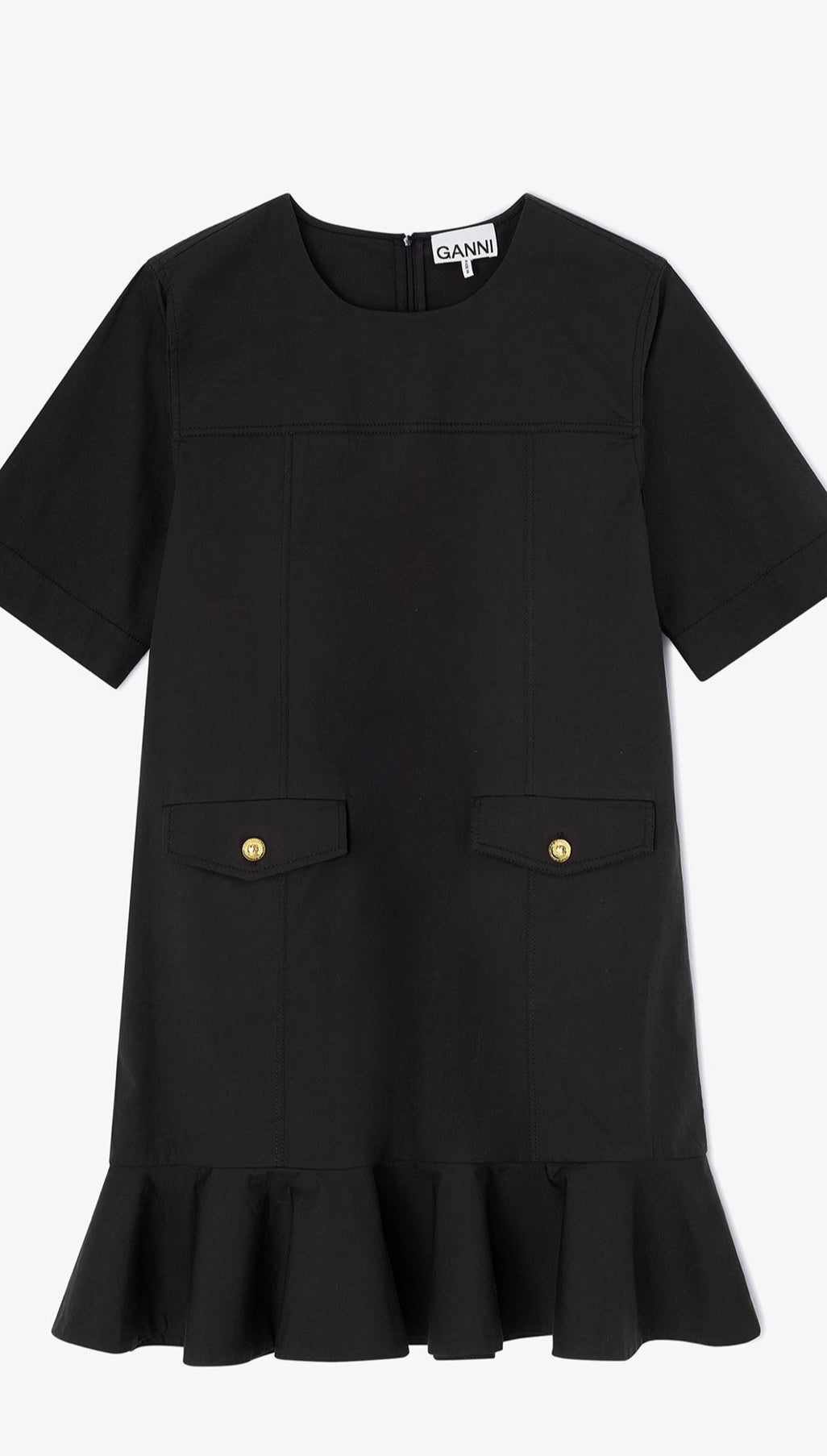 Strech Cotton Mini Dress w. Frill, Black