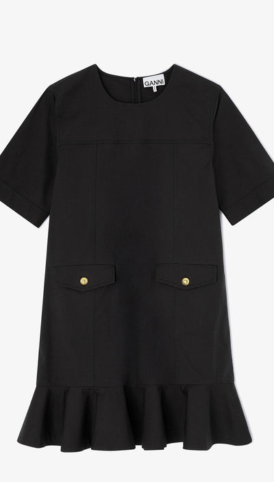 Strech Cotton Mini Dress w. Frill, Black