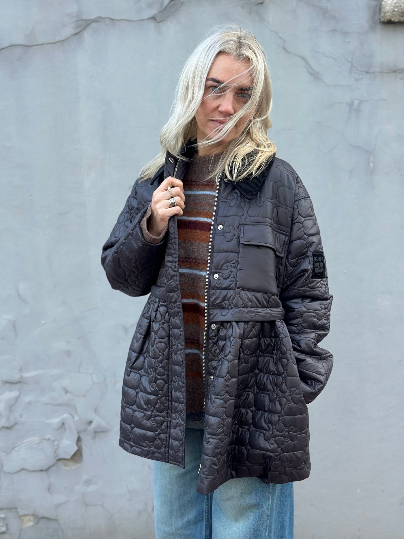 Shiny Quilt Midi Jacket W. Flare, Phantom