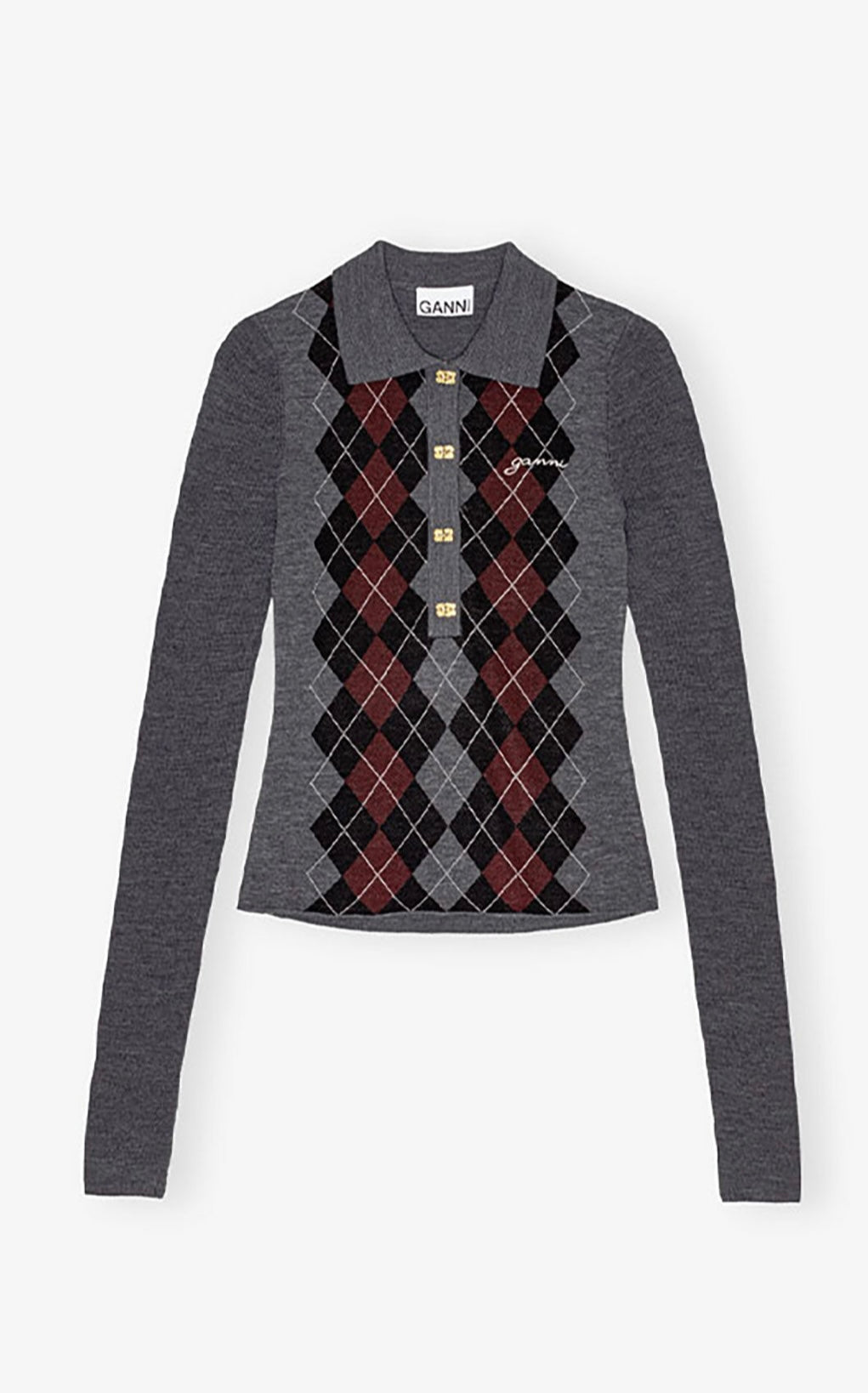 Fine Merino Jacquard Polo, Frost Grey