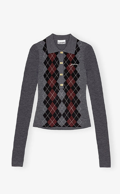 Fine Merino Jacquard Polo, Frost Grey