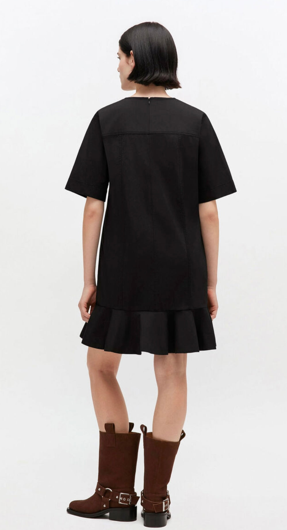 Strech Cotton Mini Dress w. Frill, Black