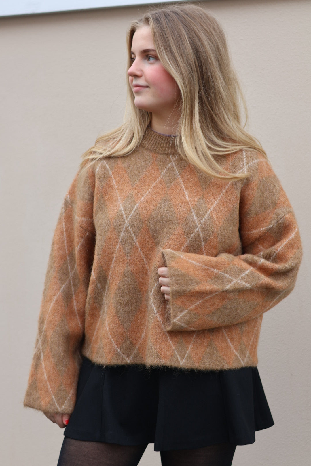 Lulu Brushed LS Agryle Knit o-neck, Golden Brown/Birch