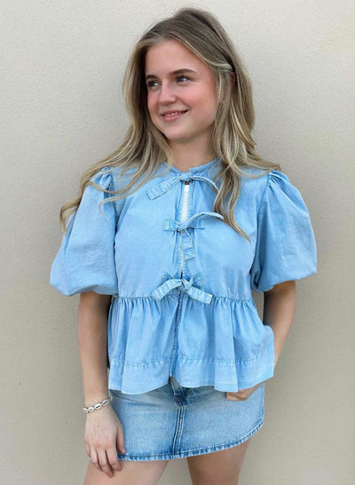 Washed Strech Cotton Peplum Blouse, Soft Chambray
