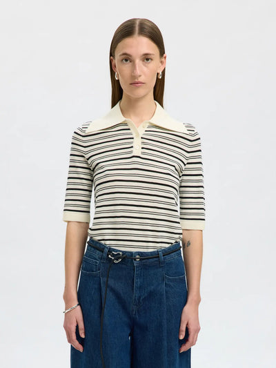 Thea 2/4 Knit Merino Collar Neck , Snow White/Black