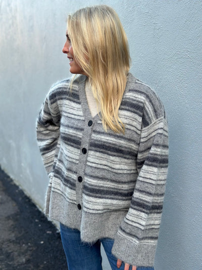 Fluffy Stripe Cardigan , Grey Stripe