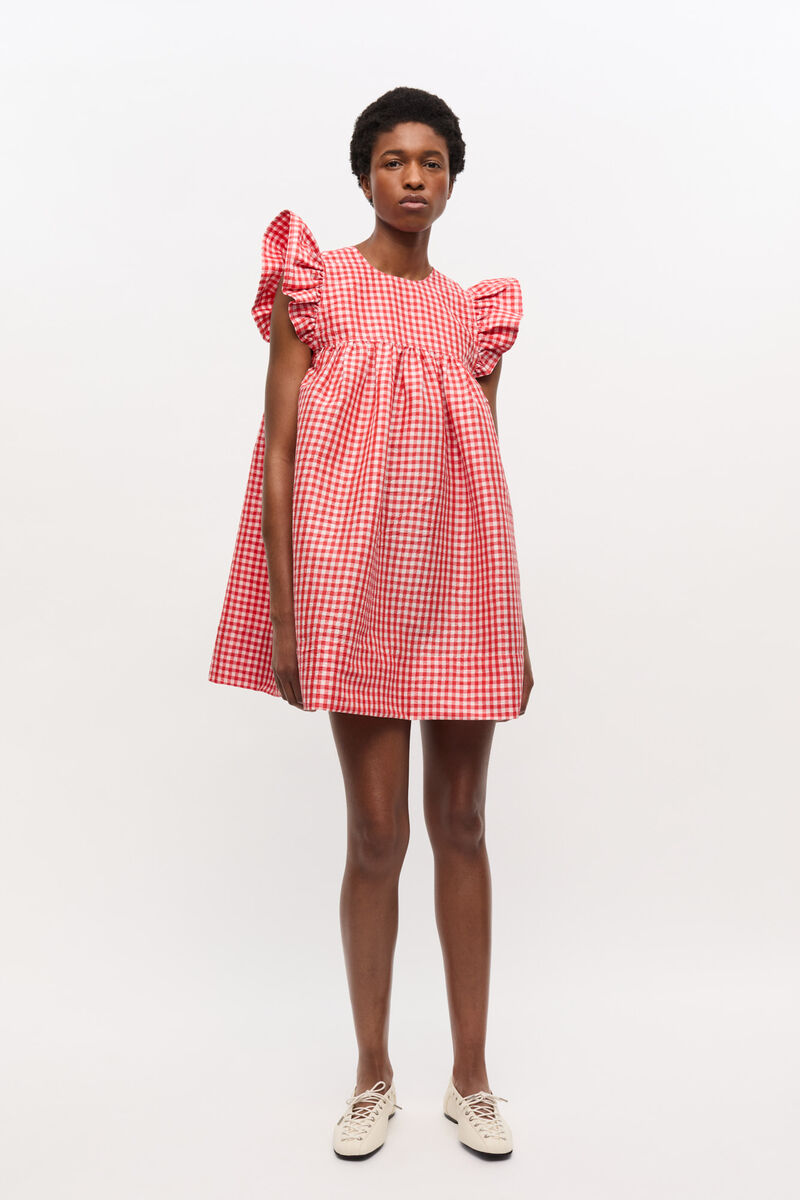 Crinkled Taffeta Check Frill Mini Dress, Red Alert