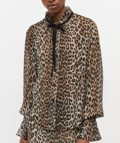 Printed Viscose Chiffon Tie String Shirt, Leopard