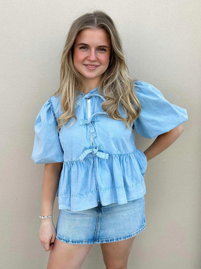 Washed Strech Cotton Peplum Blouse, Soft Chambray