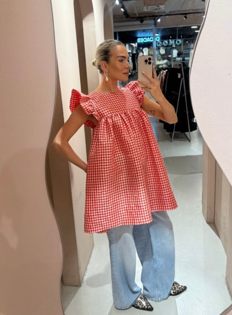 Crinkled Taffeta Check Frill Mini Dress, Red Alert