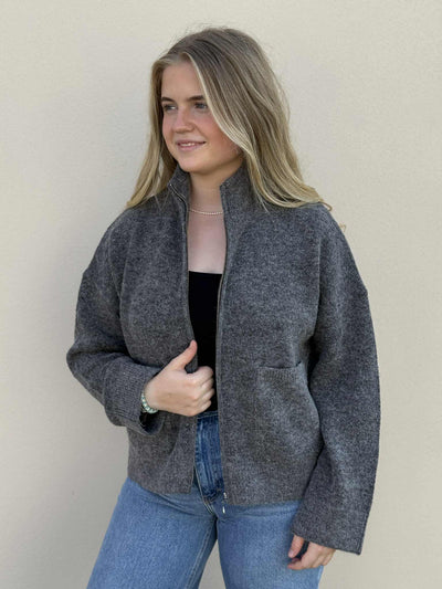 Sia Ras LS Knit Zipper Cardigan, Medium Gray