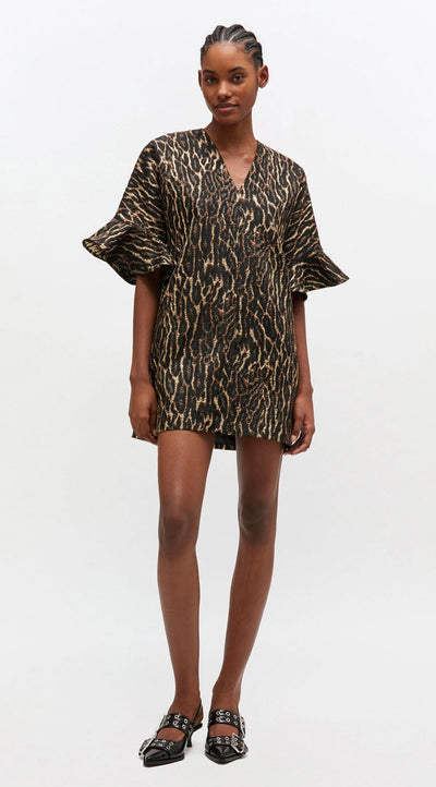 Metallic Cloque Mini Boxy Dress, Antique Bronze